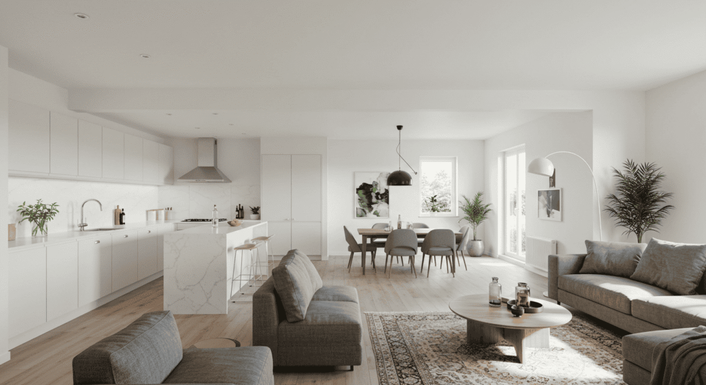 Modern open-concept kitchen and living room with seamless flow