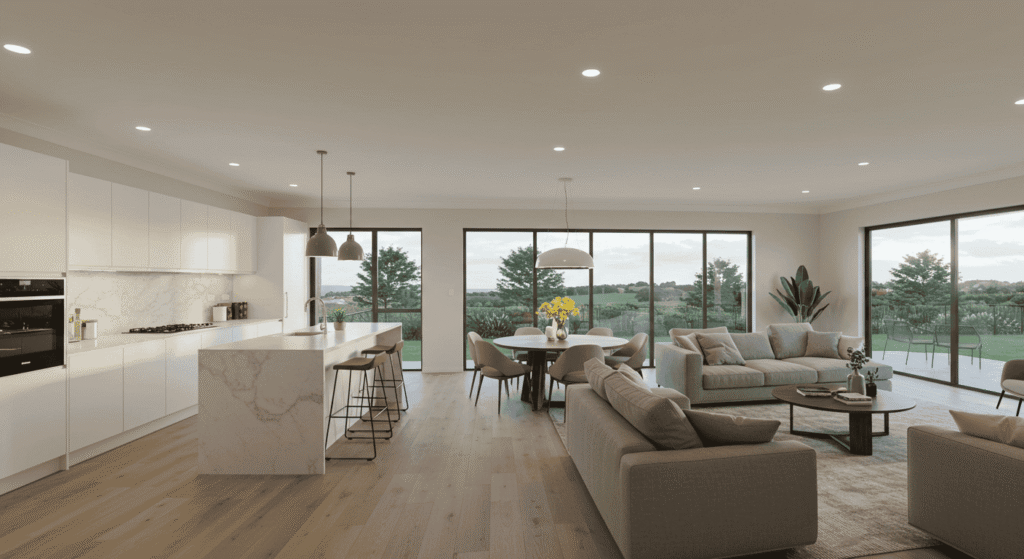 Cozy open-concept living space with sectional sofa and dining area