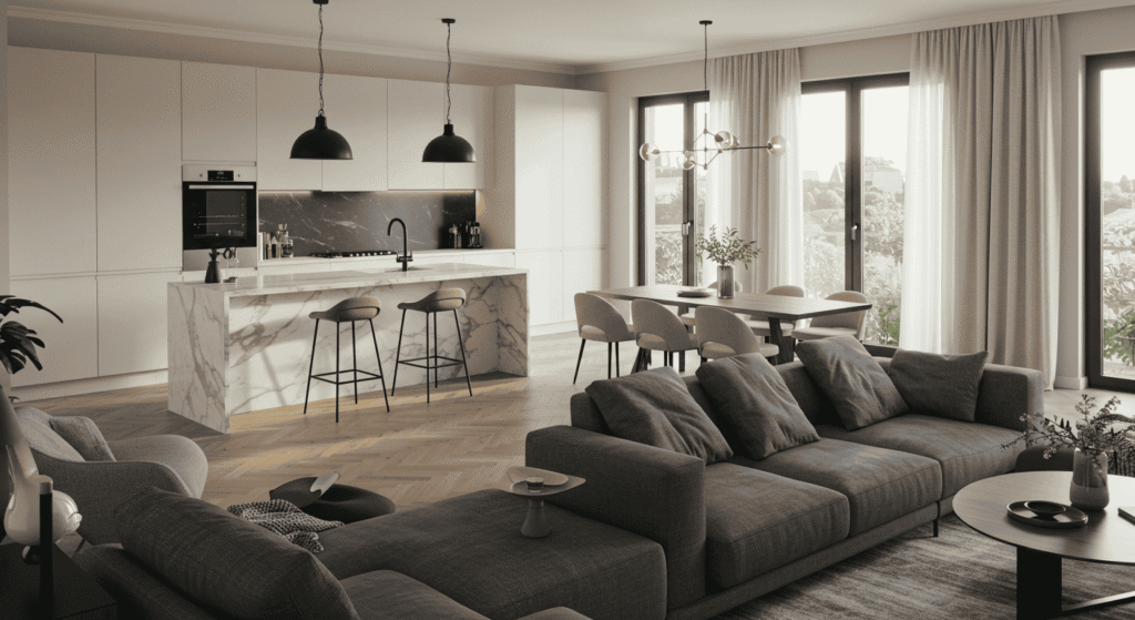 Stylish open floor plan with minimalist furniture and neutral tones