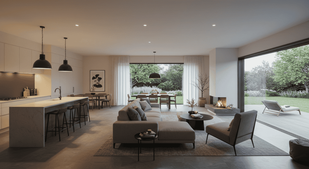 Living space with cohesive design connecting seating area and dining room