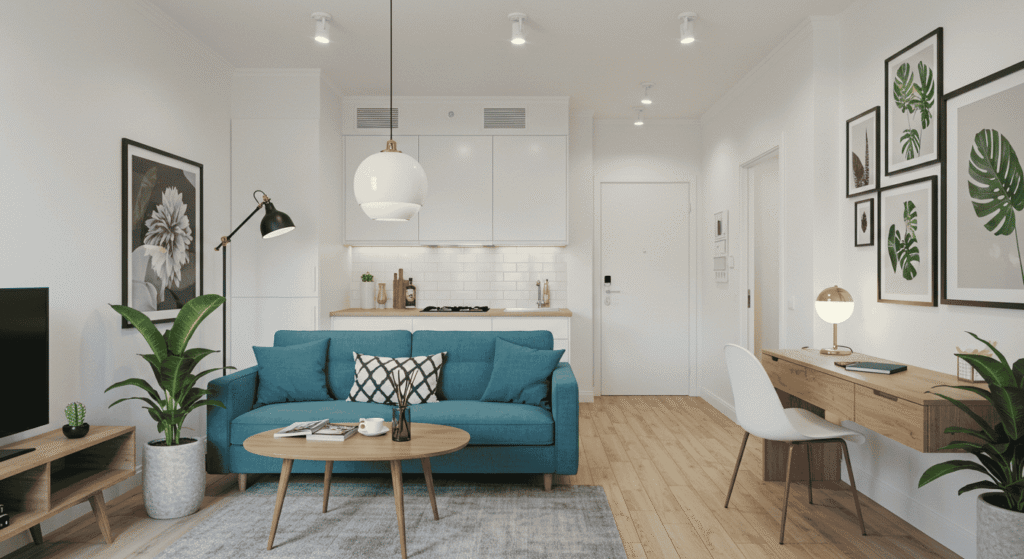 Bright small apartment living room with minimalist furniture and natural light