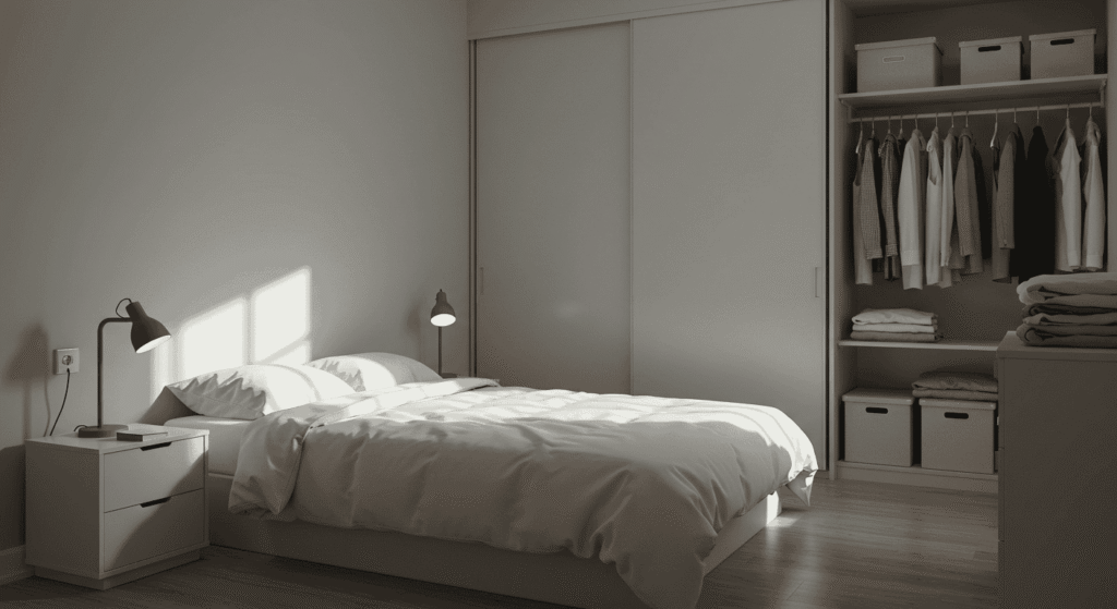 Relaxing bedroom interior with neutral tones and simple furniture