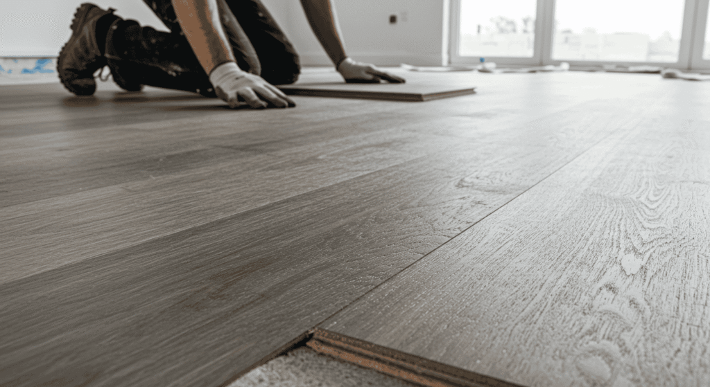 Flooring installer laying vinyl planks in entryway