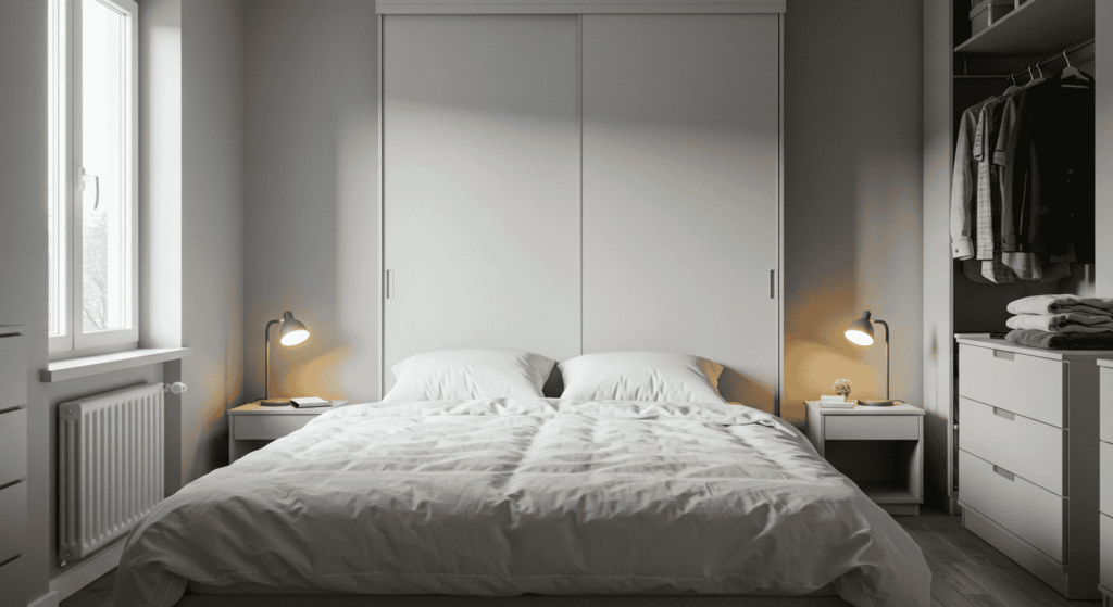 Organized wardrobe and tidy bedroom space with cozy atmosphere
