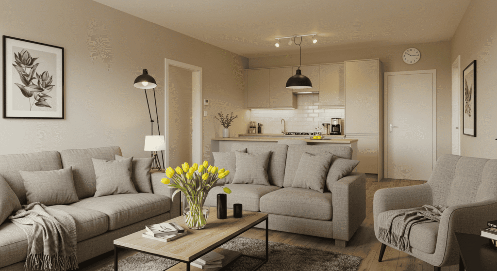 Cozy living room prepared for guests with clean decor and fresh flowers