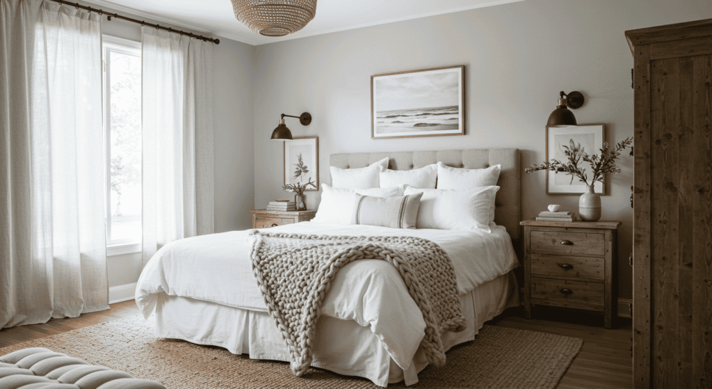 Cozy bedroom styled with modern farmhouse elements and neutral tones