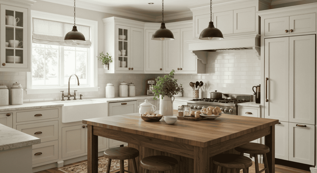 Rustic farmhouse kitchen with modern appliances and wooden beams