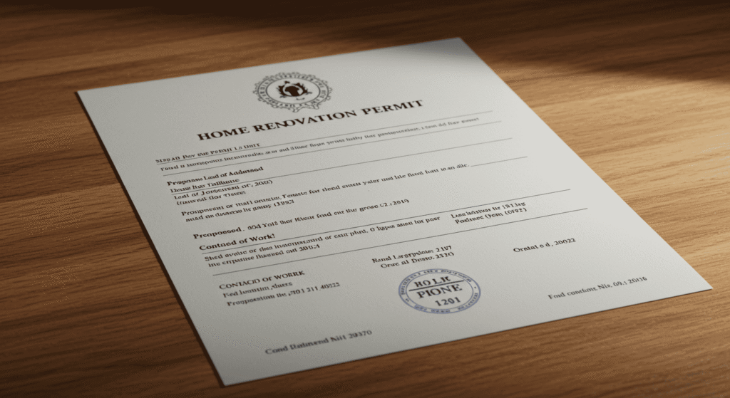 Homeowner reviewing renovation permit documents at desk
