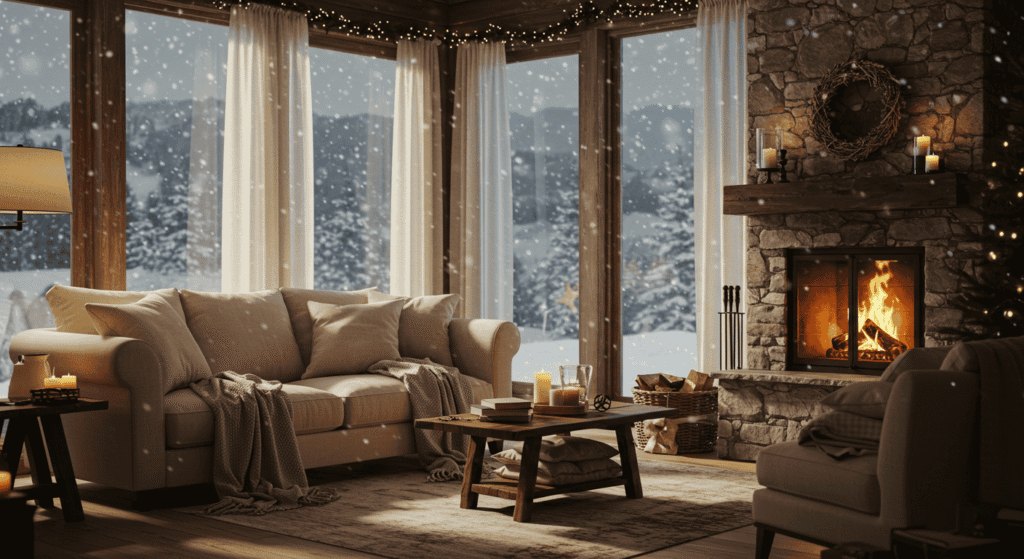 Reading nook with blanket pillow and warm lighting for winter comfort