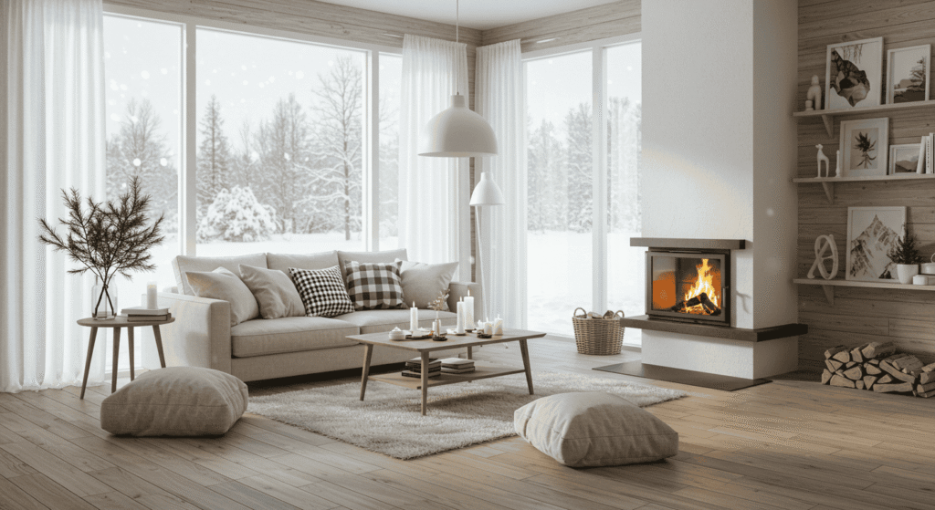 Home interior decorated for winter with candles and cozy furnishings