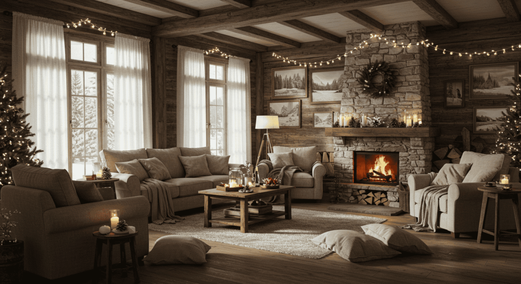 Cozy living room with warm blankets pillows and soft lighting