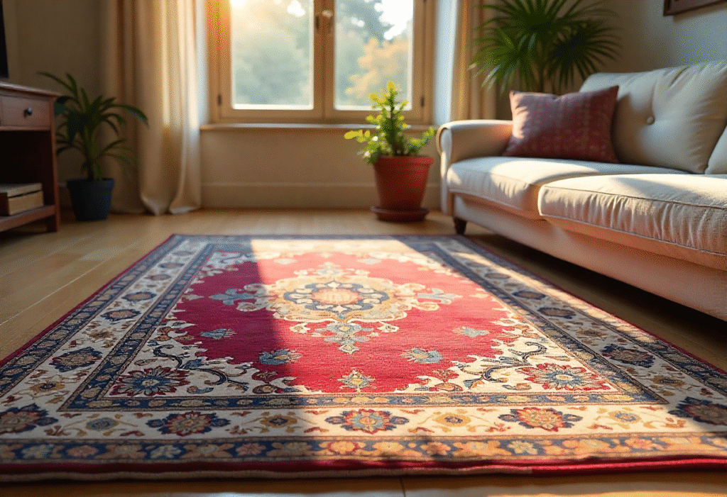 Soft wool rug with a geometric pattern covering hardwood floors in the living room