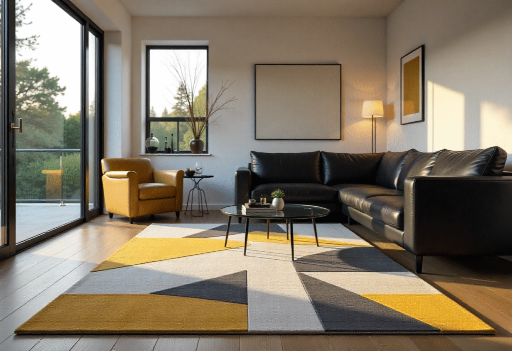 Round woven rug centered beneath a coffee table in a cozy sitting area