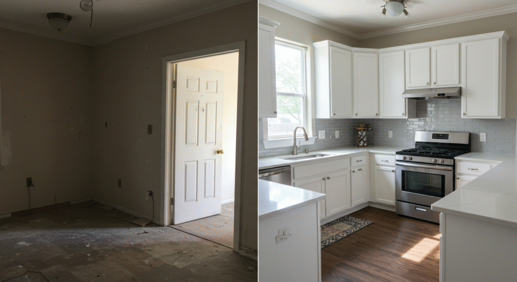 Kitchen renovation with modern white cabinets and stainless steel appliances