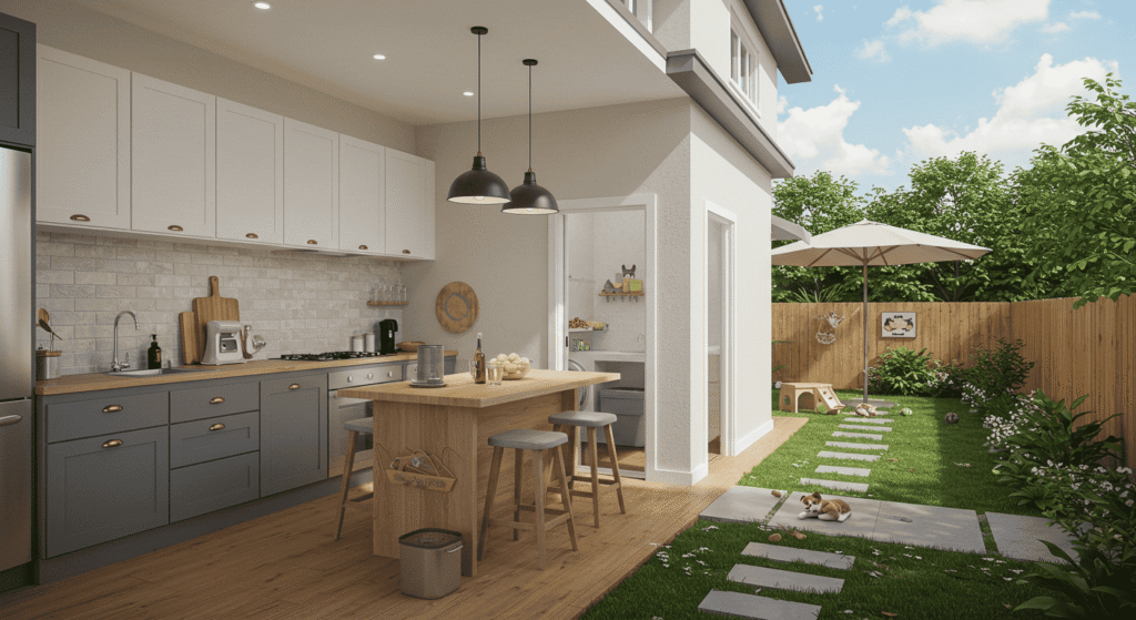 Outdoor patio styled with durable pet friendly materials