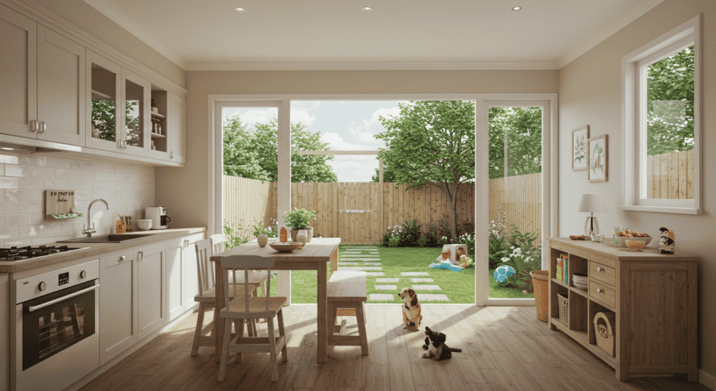 Home interior showcasing pet friendly layout with open space and easy to clean surfaces