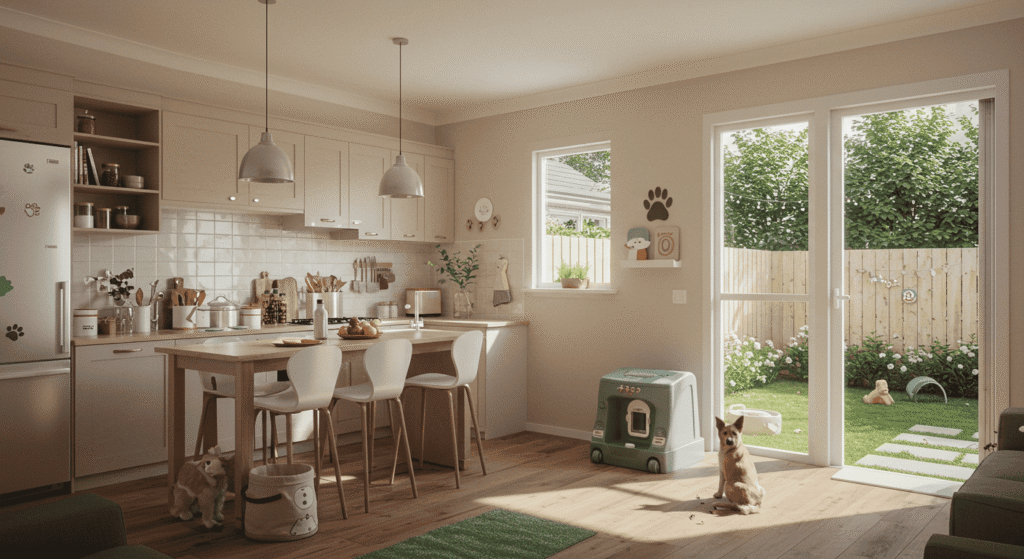 Cat lounging on window seat in pet friendly home design