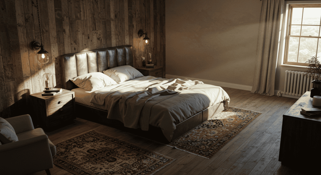 Cozy bedroom with upcycled decor and reclaimed building materials