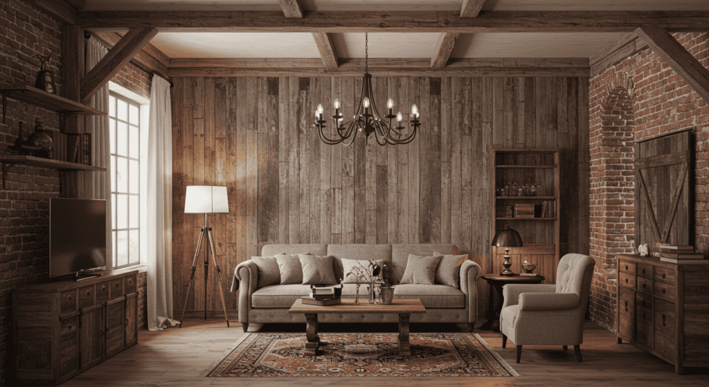Living room with reclaimed wood beams and upcycled furniture pieces