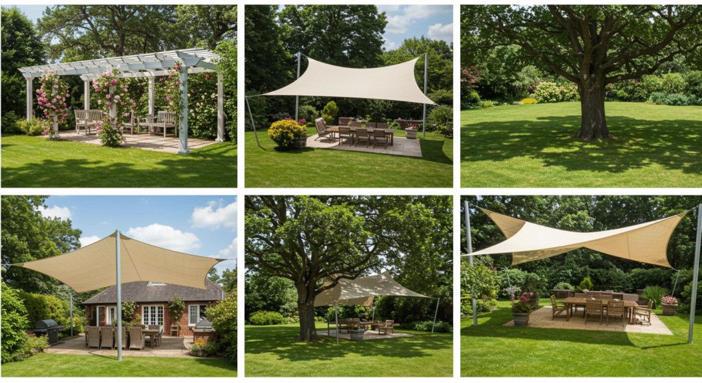Shaded outdoor space featuring trees, umbrellas, and seating arrangements.