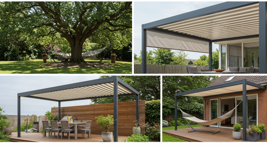 Sunny backyard transformed into a cool retreat with various shade solutions.