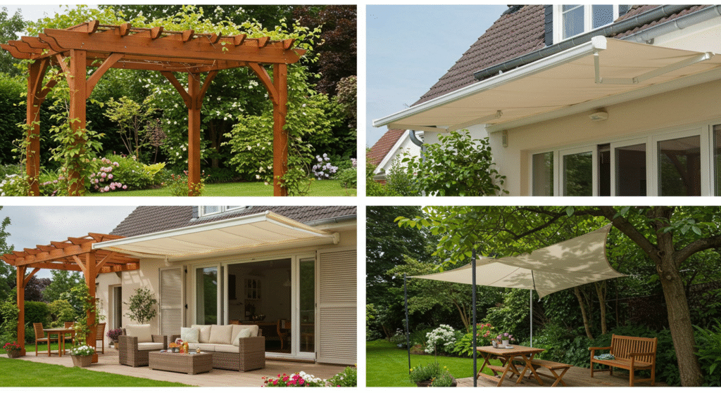 Garden with a combination of pergolas, umbrellas, and trees for shade.