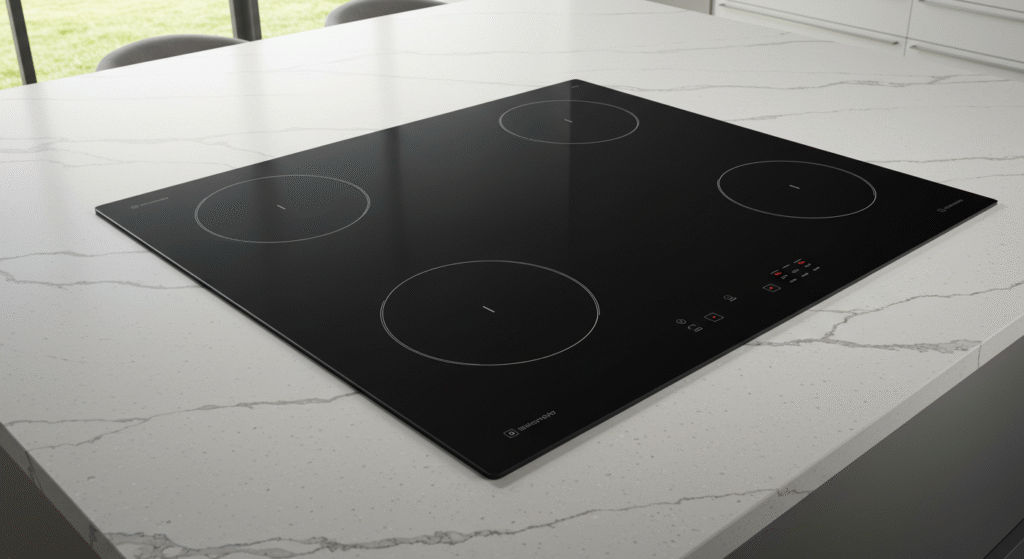 Gas cooktop with blue flames on a budget-friendly kitchen setup.