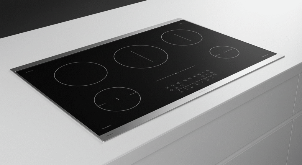 Comparison of gas, electric, and induction cooktops in a modern kitchen.