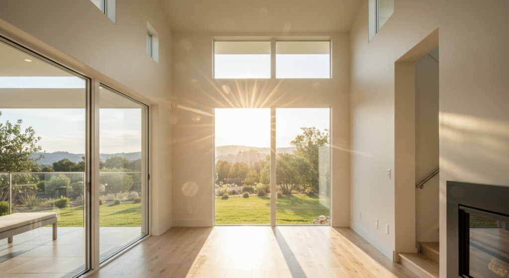 Bright living room with large windows letting in abundant natural light.