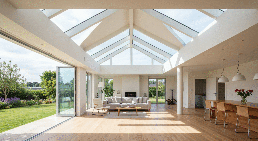 Sunlit kitchen with glass doors and light-colored interiors.