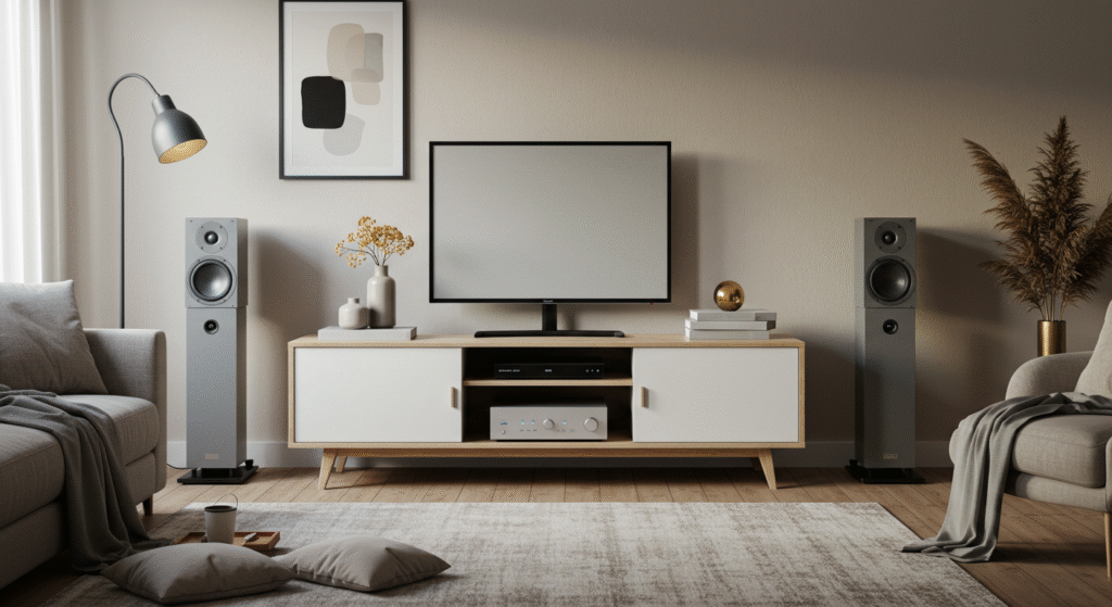 Small home audio system with stylish speakers and a wooden finish.