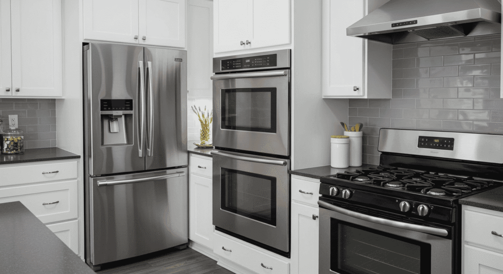 Homeowner comparing different energy-efficient washing machines in a store.
