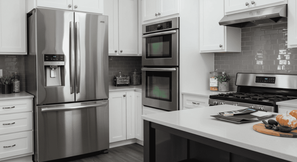 Modern kitchen featuring energy-efficient appliances with stainless steel finish.