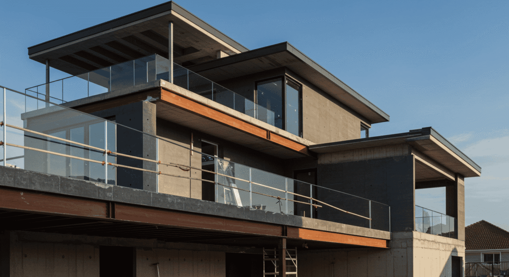 Home renovation using natural stone tiles and reclaimed wood.