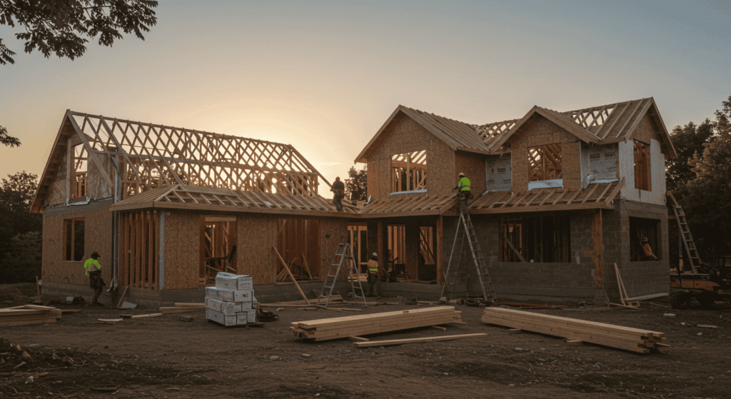 Construction workers building a home with eco-friendly local materials.