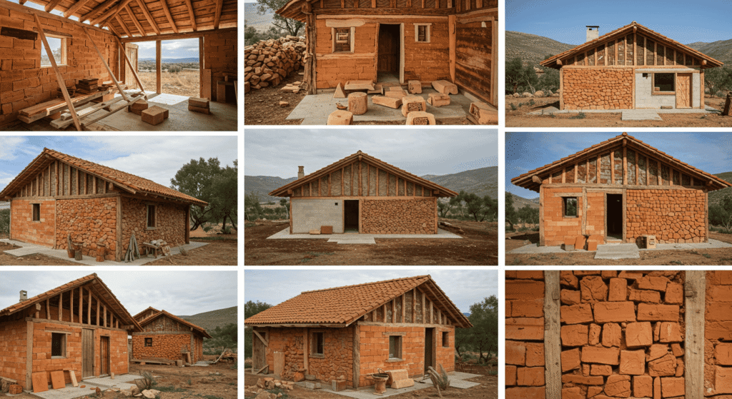 House exterior built with natural stone and wood sourced locally.