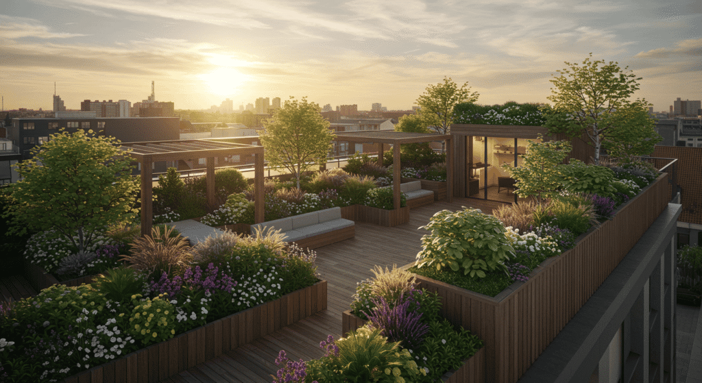 Cozy roof garden with outdoor furniture and string lights.