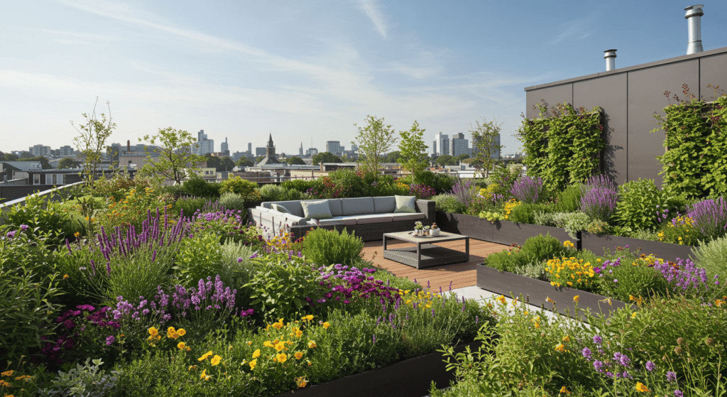 Urban rooftop garden featuring raised planters and wooden decking.