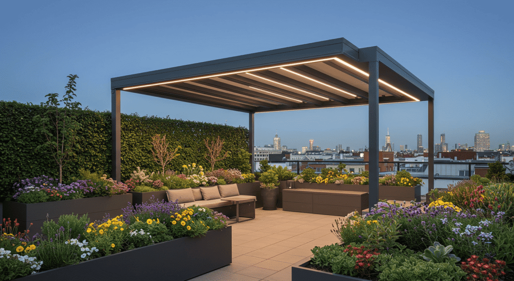 Modern rooftop garden with lounge seating and potted plants.