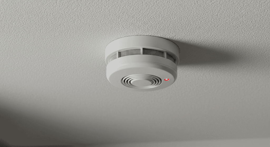 Smoke detector installed on a white ceiling in a modern home.