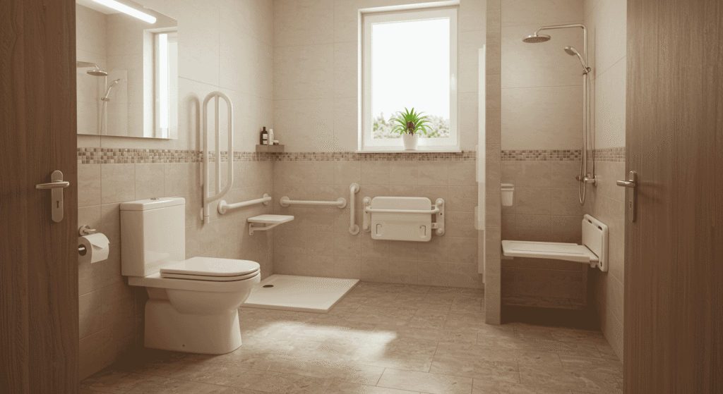 Bathroom with walk-in shower, grab bars, and non-slip flooring for senior safety.