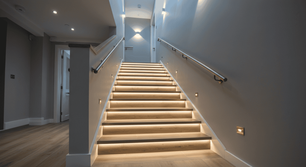 Staircase equipped with sturdy handrails and a stairlift for elderly mobility.