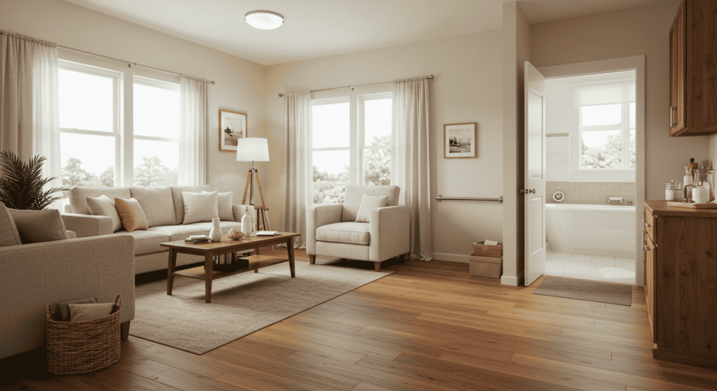 Living room with good lighting and furniture arranged for easy movement.