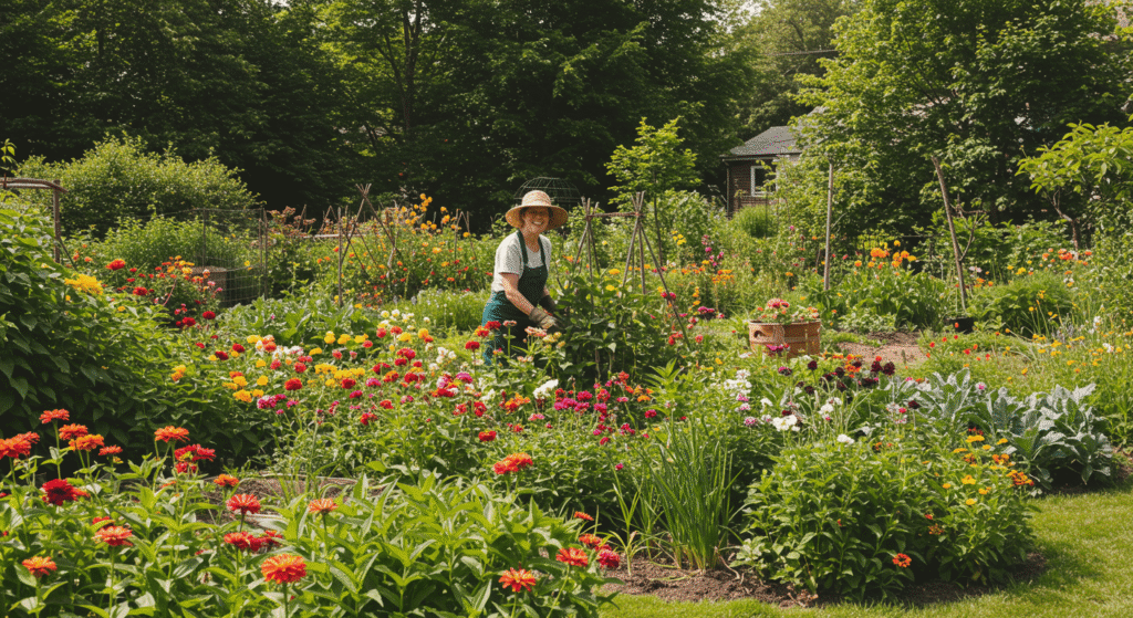Vertical indoor garden with hanging pots of herbs and small vegetables.