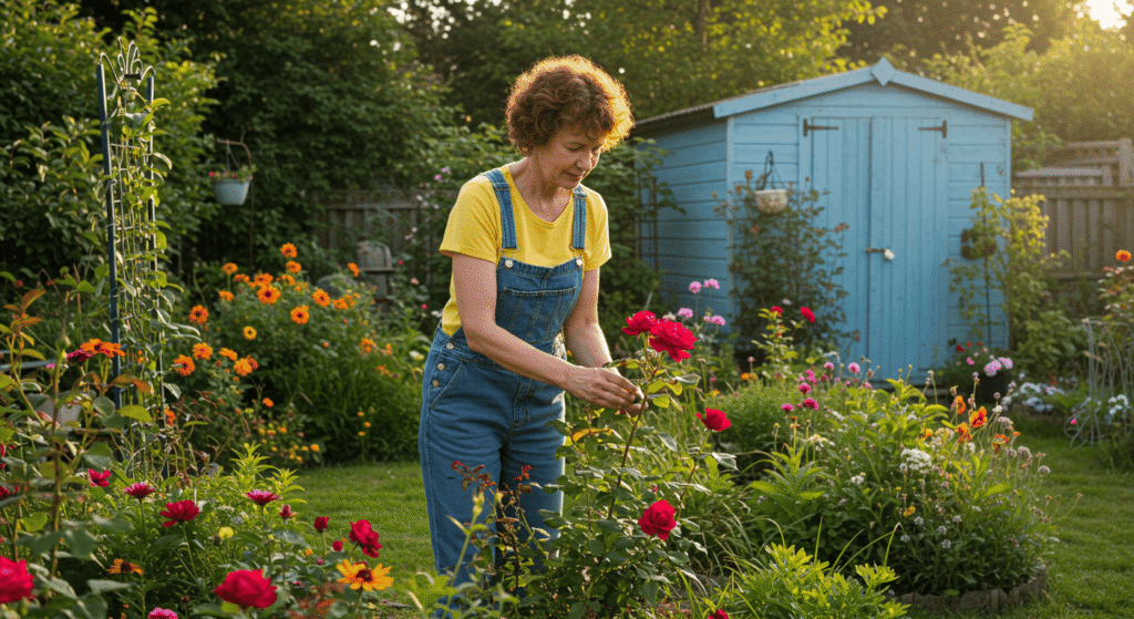Person watering an indoor herb and vegetable garden.