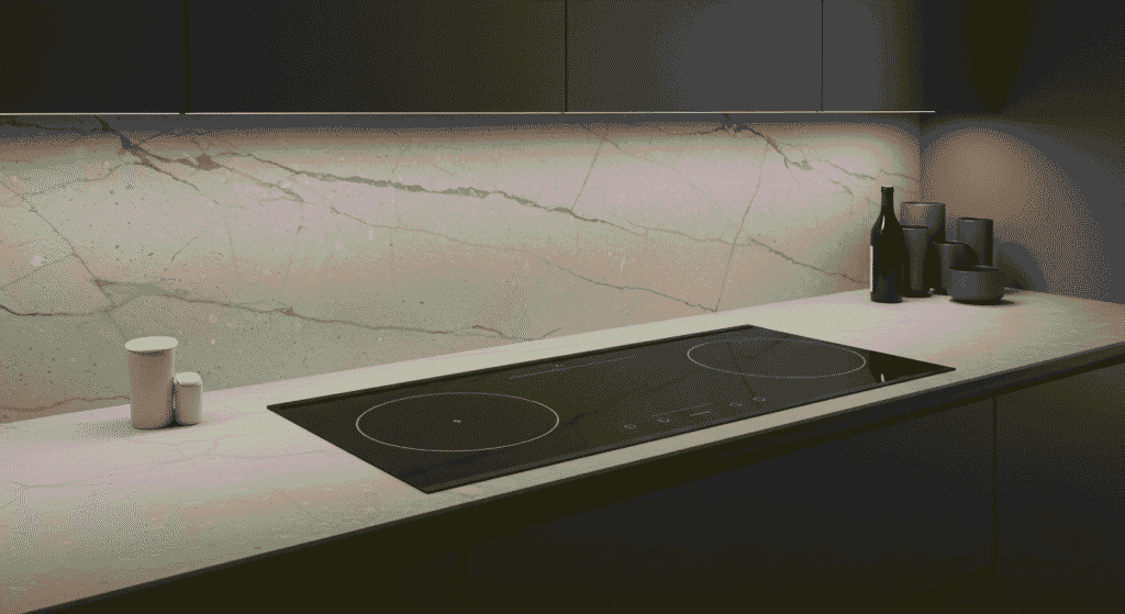 Sleek kitchen counter free of clutter with appliances hidden from view.