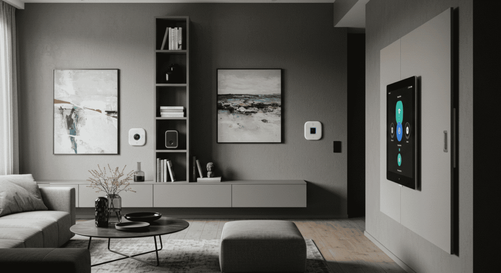 Pull-out smart appliance drawer in a modern, tidy living room.