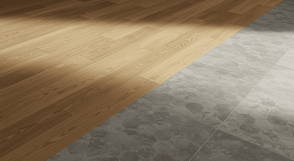 Tile flooring in a bright kitchen providing a long-lasting surface.