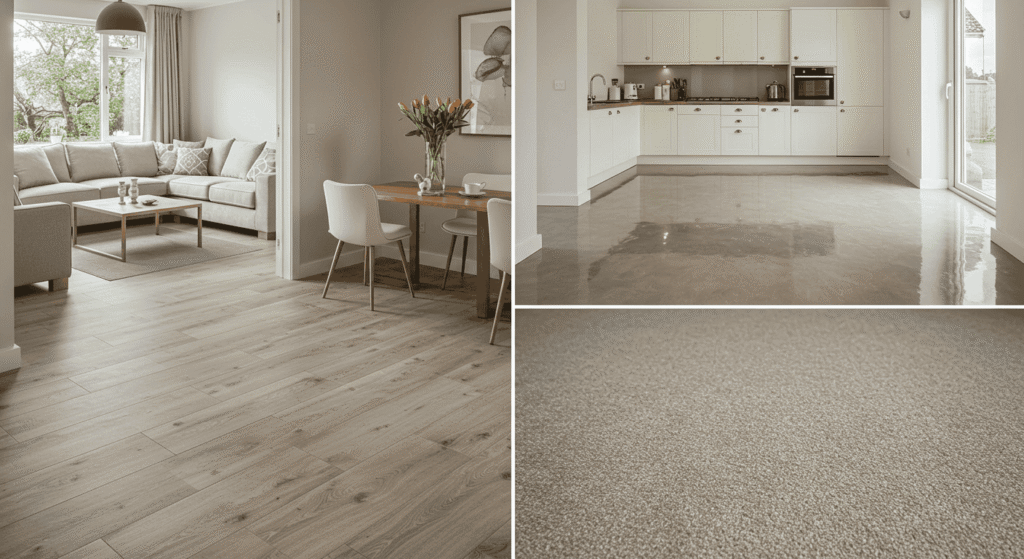 Modern living room with hardwood flooring as a durable alternative to carpet.