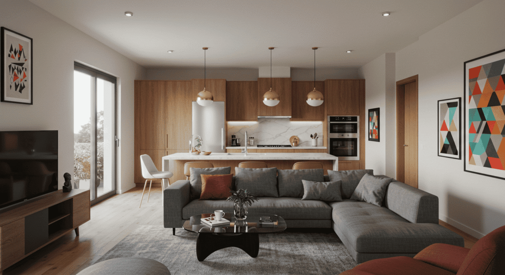 Stylish living room decorated with affordable modern furniture and chic accents.